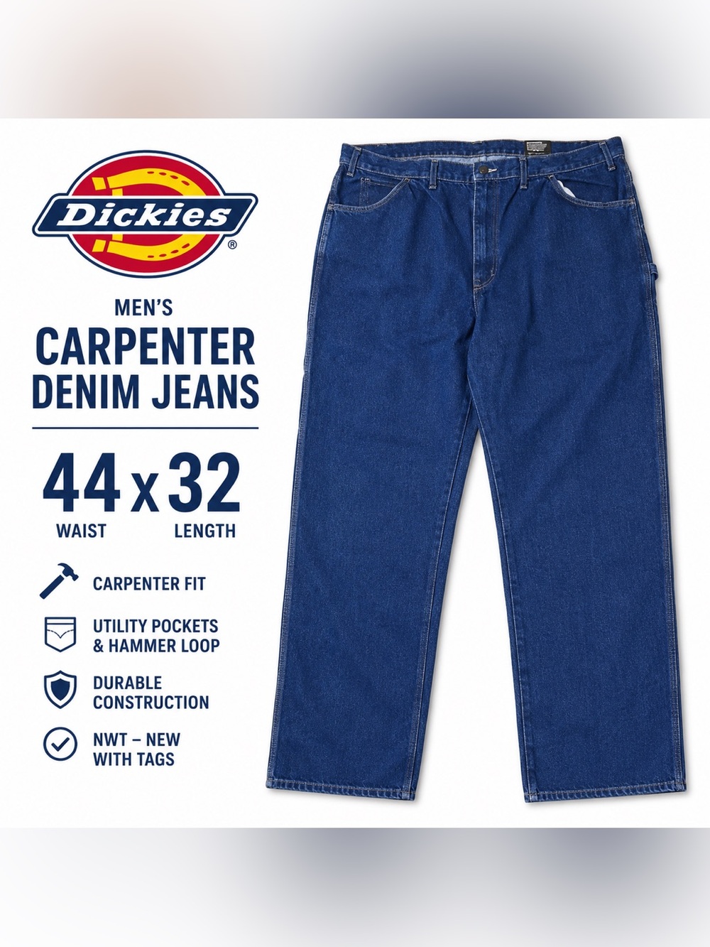 DICKIES NWT MEN'S CARPENTER FIT BLUE DENIM JEANS WAIST 44 LENGTH 32 NEW